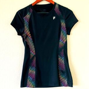 Fila Black Rainbow Accent Fitted Active Short Sleeve Workout Top XS